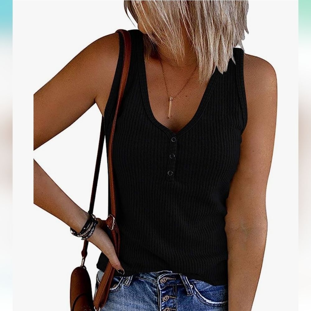 Merokeety Size Large Black Henley Tank, tee shirt